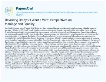 Essay on Revisiting Brady’s ‘I Want a Wife’: Perspectives on Marriage and Equality