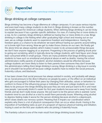 Essay on Binge Drinking at College Campuses