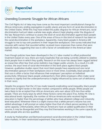 Essay on Unending Economic Struggle for African Africans