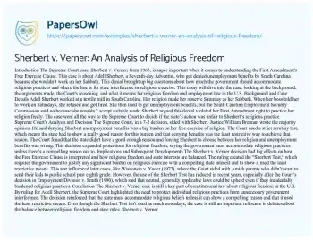 Essay on Sherbert V. Verner: an Analysis of Religious Freedom