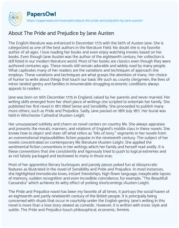 Essay on About the Pride and Prejudice by Jane Austen