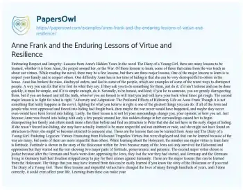 Essay on Anne Frank and the Enduring Lessons of Virtue and Resilience