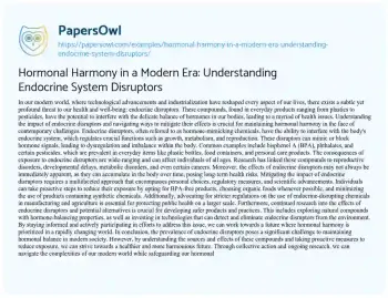 Essay on Hormonal Harmony in a Modern Era: Understanding Endocrine System Disruptors