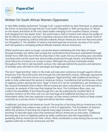 Essay on Written on South African Women Oppression