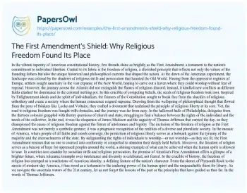 Essay on The First Amendment’s Shield: why Religious Freedom Found its Place