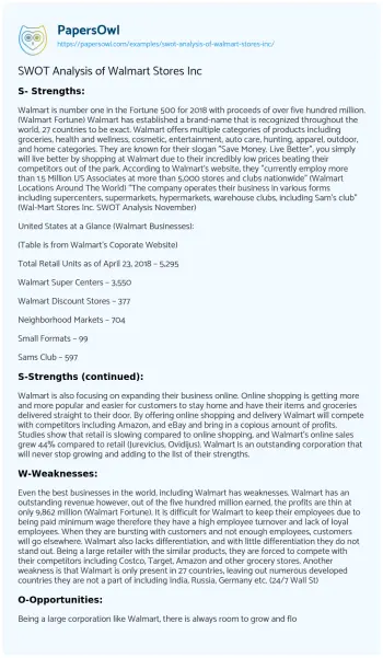 Essay on SWOT Analysis of Walmart Stores Inc