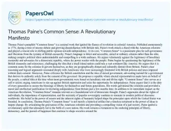 Essay on Thomas Paine’s Common Sense: a Revolutionary Manifesto