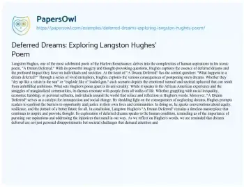 Essay on Deferred Dreams: Exploring Langston Hughes’ Poem