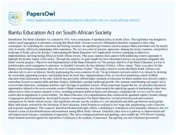 Essay on Bantu Education Act on South African Society