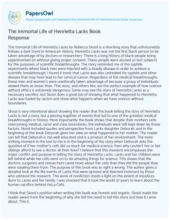 Essay on The Immortal Life of Henrietta Lacks Book Response