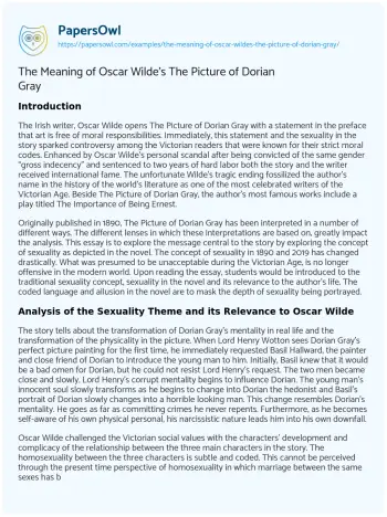 Essay on The Meaning of Oscar Wilde’s the Picture of Dorian Gray