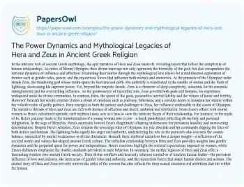 Essay on The Power Dynamics and Mythological Legacies of Hera and Zeus in Ancient Greek Religion