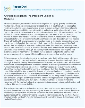 Essay on Artificial Intelligence: the Intelligent Choice in Medicine