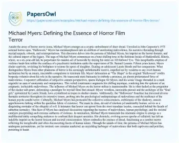 Essay on Michael Myers: Defining the Essence of Horror Film Terror