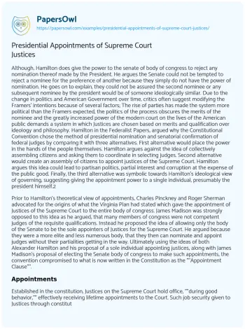 Essay on Presidential Appointments of Supreme Court Justices