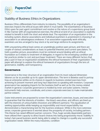 Essay on Stability of Business Ethics in Organizations