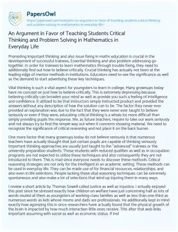 Essay on An Argument in Favor of Teaching Students Critical Thinking and Problem Solving in Mathematics in Everyday Life