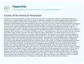 Essay on Causes of the American Revolution