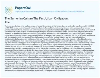 Essay on The Sumerian Culture the First Urban Civilization . the