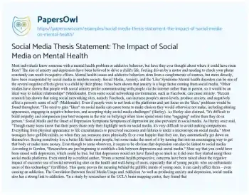 Essay on Social Media Thesis Statement: the Impact of Social Media on Mental Health