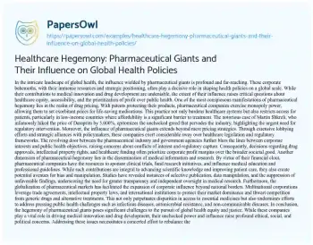 Essay on Healthcare Hegemony: Pharmaceutical Giants and their Influence on Global Health Policies