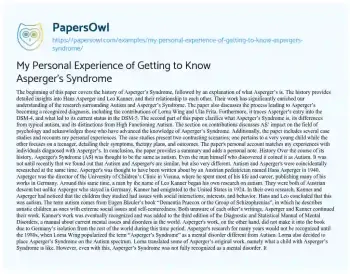 Essay on My Personal Experience of Getting to Know Asperger’s Syndrome