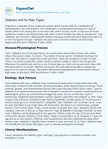 Essay on Diabetes and its Main Types