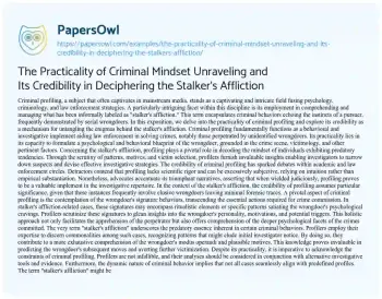 Essay on The Practicality of Criminal Mindset Unraveling and its Credibility in Deciphering the Stalker’s Affliction