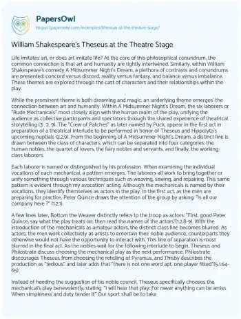 Essay on William Shakespeare’s Theseus at the Theatre Stage