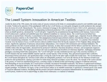 Essay on The Lowell System: Innovation in American Textiles