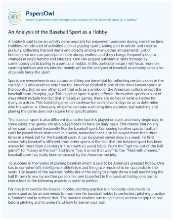 Essay on An Analysis of the Baseball Sport as a Hobby