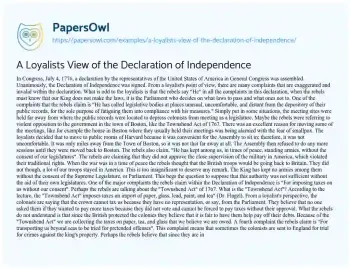 Essay on A Loyalists View of the Declaration of Independence