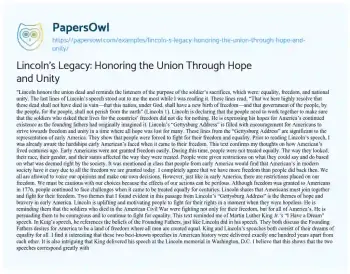 Essay on Lincoln’s Legacy: Honoring the Union through Hope and Unity