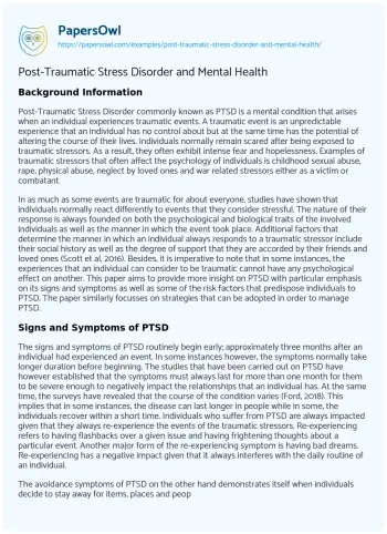 Essay on Post-Traumatic Stress Disorder and Mental Health