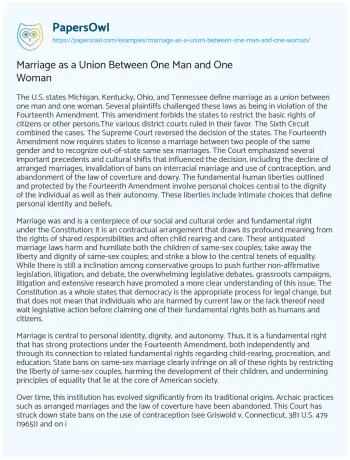 Essay on Marriage as a Union between One Man and One Woman