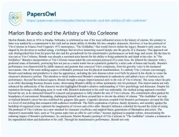 Essay on Marlon Brando and the Artistry of Vito Corleone