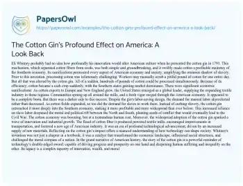 Essay on The Cotton Gin’s Profound Effect on America: a Look Back