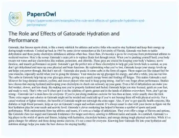 Essay on The Role and Effects of Gatorade: Hydration and Performance