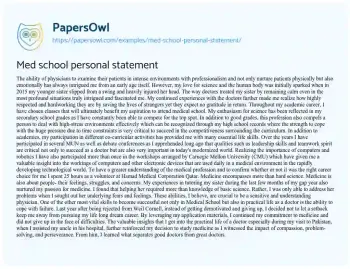 Essay on Med School Personal Statement