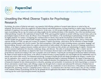 Essay on Unveiling the Mind: Diverse Topics for Psychology Research