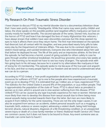 Essay on My Research on Post-Traumatic Stress Disorder