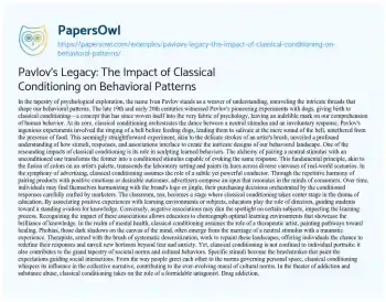 Essay on Pavlov’s Legacy: the Impact of Classical Conditioning on Behavioral Patterns