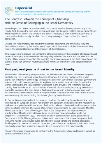 Essay on The Contrast between the Concept of Citizenship and the Sense of Belonging in the Israeli Democracy