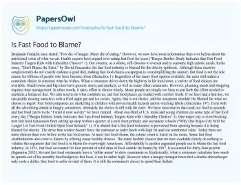 Essay on Is Fast Food to Blame?