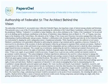 Essay on Authorship of Federalist 51: the Architect Behind the Vision