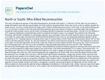 Essay on North or South: who Killed Reconstruction