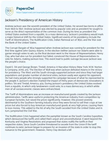 Essay on Jackson’s Presidency of American History