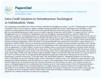 Essay on Extra Credit Solutions to Homelessness: Sociological Vs Individualistic Views