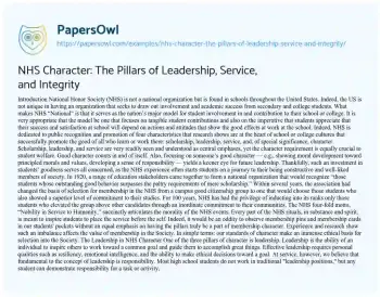 Essay on NHS Character: the Pillars of Leadership, Service, and Integrity