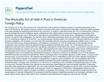 Essay on The Neutrality Act of 1939: a Pivot in American Foreign Policy